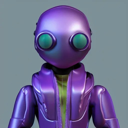 Image similar to kid robot with purple jacket design by fabricio campos and lidia morales, character modeling, toy design, substance 3 d painter, blender, mental ray, zbrush, stylized, portrait, studio photo, 7 0 mm lens, trending in behance