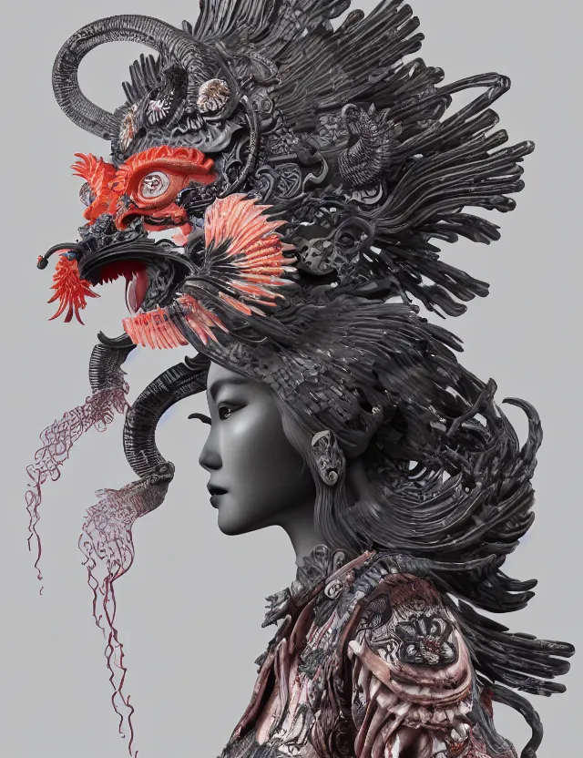 Image similar to 3 d goddess of hell close - up profile portrait with ram skull. beautiful intricately detailed japanese crow kitsune mask and clasical japanese kimono. betta fish, jellyfish phoenix, bio luminescent, plasma, ice, water, wind, creature, artwork by tooth wu and wlop and beeple and greg rutkowski