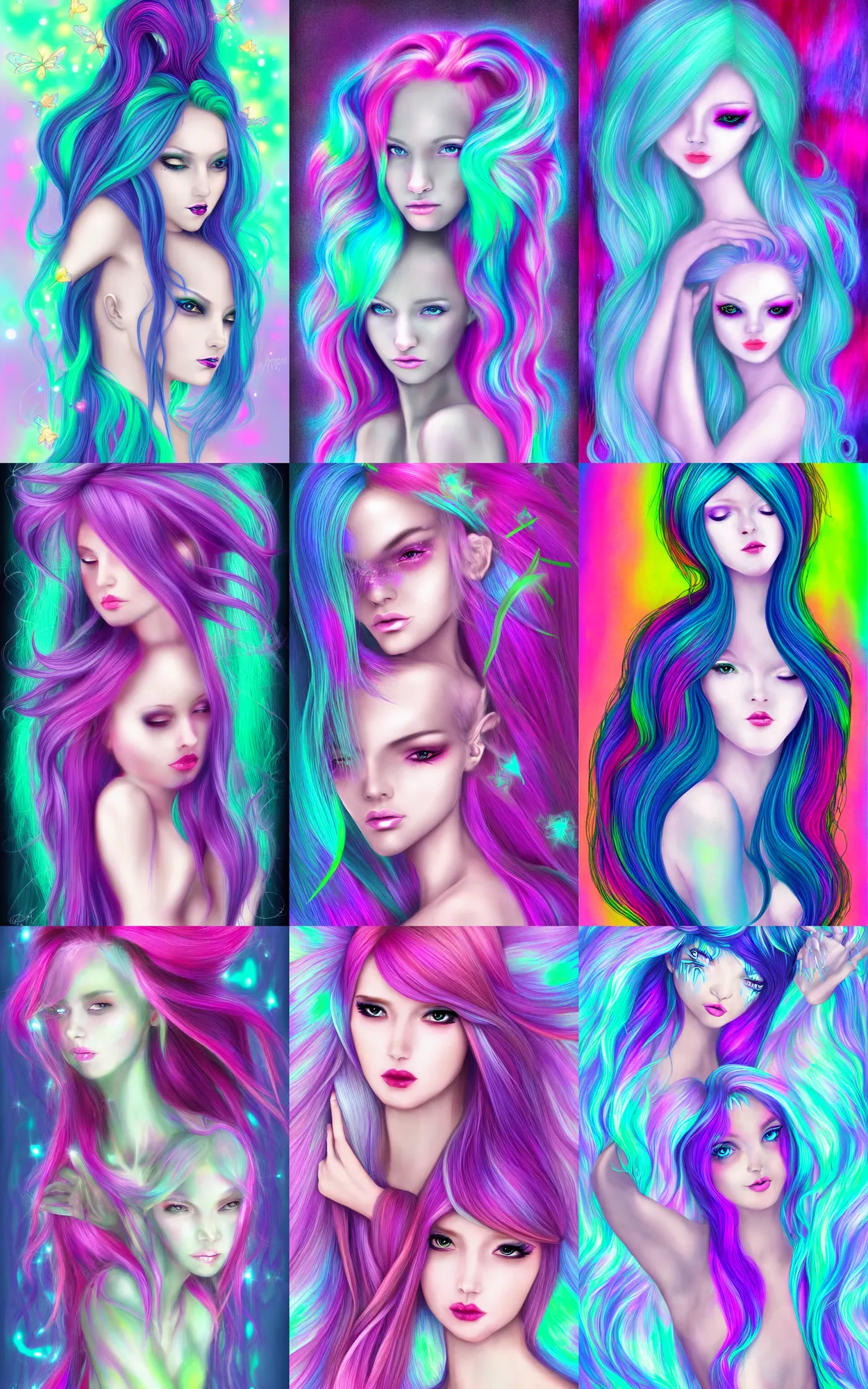 Prompt: cyber fairy, vibrant hair, soft skin, iridescent, by artgem