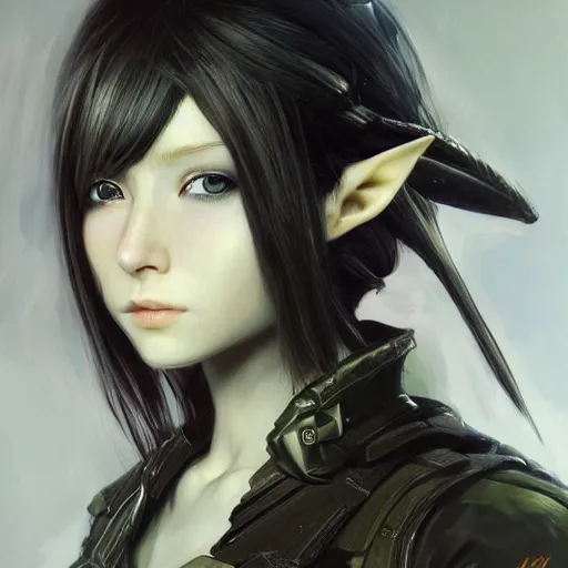 Prompt: portrait of an elf girl by ayami kojima, she is about 2 0 years old, mixture between british and japanese, black bob hair, and she is wearing a modern tactical gear, scifi, highly detailed portrait, digital painting, artstation, concept art, smooth, sharp foccus ilustration, artstation hq