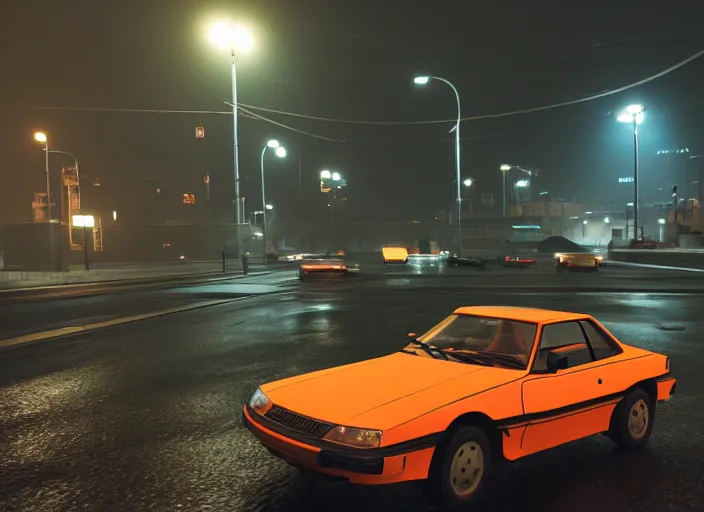 Image similar to hyperrealistic matte painting of gta game in moscow, 1 9 9 0, playstation 5 screenshot, mega details, dark night, orange lights, heavy rain, fog, beautiful rtx reflections, soviet suburbs, photorealistic, unreal engine 5, octane render, volumetric light, cg society, 4 k, 5 0 mm bokeh, russian lada car, artstation