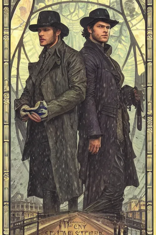Prompt: a detailed tarot card of jensen ackles and jared padalecki in a supernatural sherlock holmes story, 1 8 th century london in the rain, city streets, ominous, masterpiece, 8 k, art by alphonse mucha and greg rutkowski