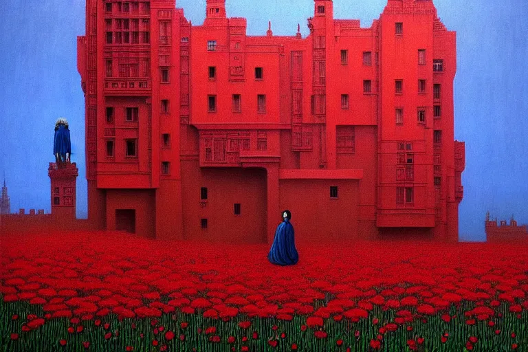 Image similar to only with red, red flowers of different types, red castle in background, red medieval big fat goblins, in the style of beksinski, parts by edward hopper, parts by rodcenko, parts by yue minjun, intricate and epic composition, red by caravaggio, insanely quality, highly detailed, masterpiece, red light, artstation, 4 k