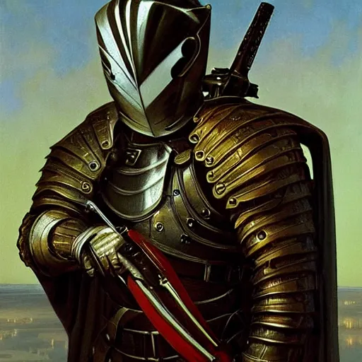 Image similar to Knight inspecting a modern weapon, by Gerald Brom