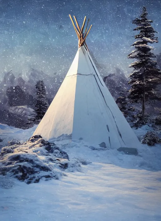 Image similar to an abandoned teepee on the top of a snowy mountain, waxing moon, greg rutkowski, 8 k, shallow depth of field, intricate detail, concept art,