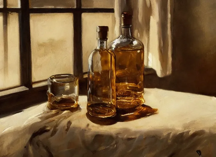 Image similar to oil painting of whiskey bottle, barley grain, art by anders zorn, wonderful masterpiece by greg rutkowski, beautiful cinematic light, american romanticism by greg manchess, creation by tyler edlin, folds of fabric, tablecloth, curtains, shiny oak table, polished wood