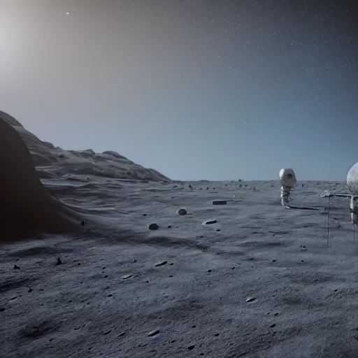 Prompt: « we are on the moon's surface, human colony, sunrise on the moon, far view, photorealistic, unreal engine 5, sharp focus »