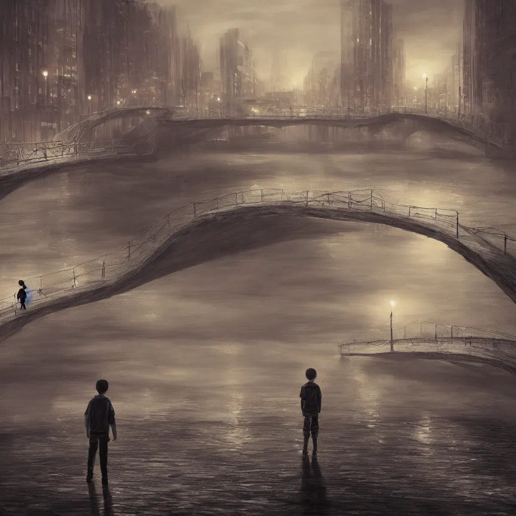 Image similar to a lonely boy on a city bridge looking to the river at night, digital painting, masterpiece, digital art, hyperrealistic, concept art, octane render, unreal engine 5, trending on deviantart, sad atmosphere, centered, anatomically correct, oil painting, high contrast, serene scenery, loneliness