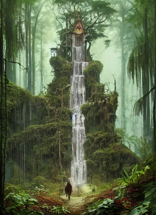 Image similar to a hyper realistic architectural witch shrine under a waterfall in the woods, gorgeous lighting, lush forest foliage, painting by chiara bautista and tom bagshaw, muca beksinski and norman rockwell and greg rutkowski weta studio, and lucasfilm