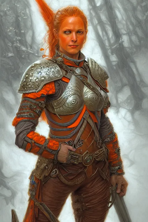 Image similar to full - body portrait of a ranger, female, white and orange breastplate, magical, high fantasy, d & d, by donato giancola, face details, extremely detailed, digital illustration