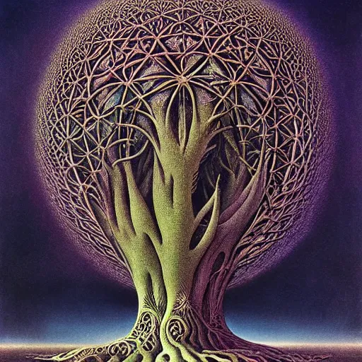 Image similar to sacred mulberry tree by roger dean and andrew ferez, art forms of nature by ernst haeckel, divine chaos engine, symbolist, visionary, art nouveau, botanical fractal structures, organic, detailed, realistic, surreality