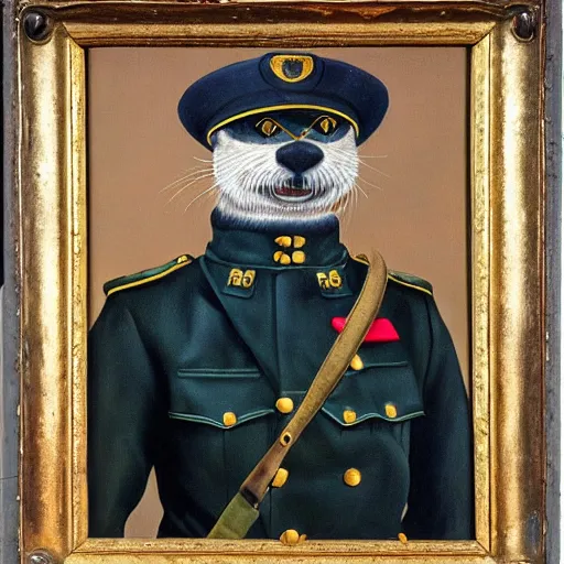 Image similar to oil painting of an anthropomorphic otter in military uniform, amazing detail,