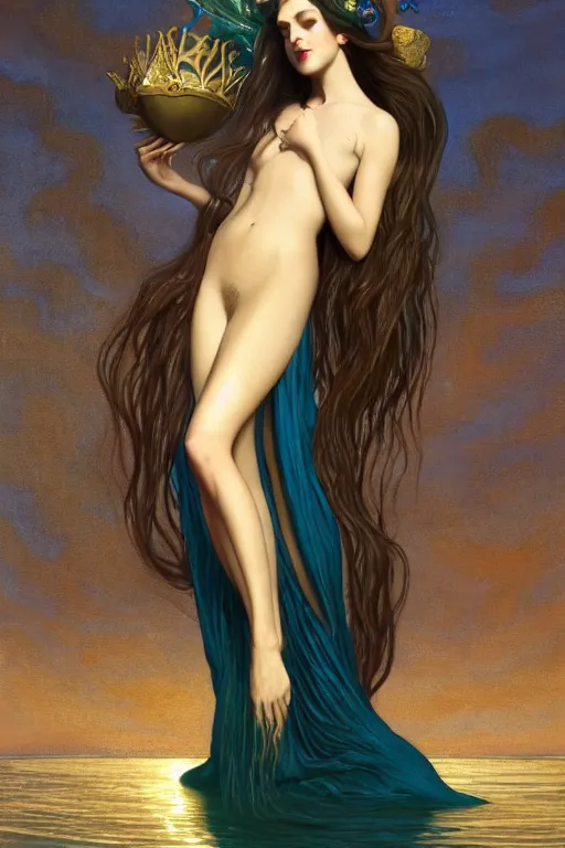 Prompt: a beautiful dark androgynous mermaid, pinup pose, long hair, tall and thin, wearing dozens of pendants and a gown of gold, small delicate crown of the sea on her head, illustration, dramatic lighting, soft details, painting oil on canvas, art nouveau, octane render, HDR, 4k, 8k, HD, by Edmund Blair Leighton, Brom, Charlie Bowater, j.c. Leyendecker, faces by otto schmidt