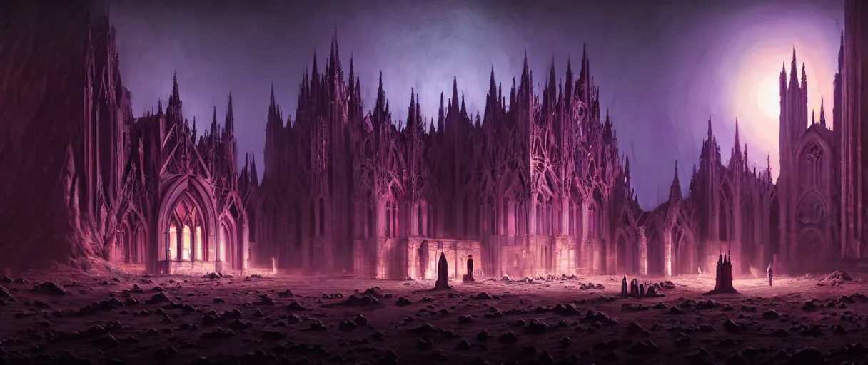 Image similar to hyperrealistic hyper detailed night shot of neo-gothic monastery on mars surrounded by giant blue carnivorous flowers matte painting concept art maciej kuciara gustave courbet very dramatic purple lighting high angle hd 8k sharp shallow depth of field