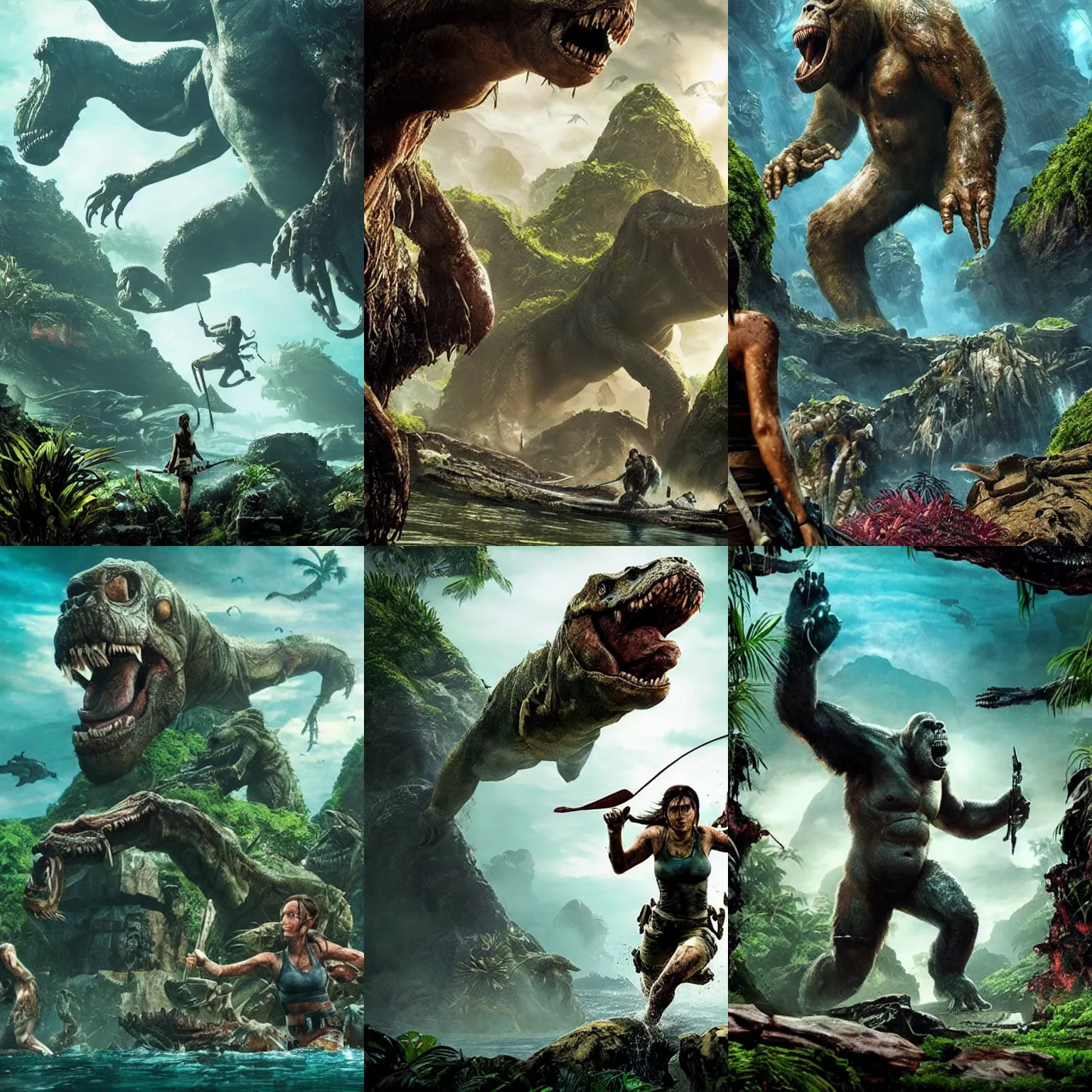 Prompt: epic composition, ancient biomechanical temple, bioluminiscent, Tomb Raider (2018), tropical Island, Kong: Skull Island (2017), Lost series, Action, from jurassic World (2015), from pacific rim (2013) from King kong (2005), farcry, cryengine, cgsociety, ArtStation, by drew struzan, by James gurney