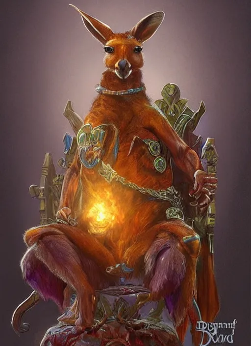 Image similar to kangaroo on a throne, dndbeyond, bright, colourful, realistic, dnd character portrait, full body, pathfinder, pinterest, art by ralph horsley, dnd, rpg, lotr game design fanart by concept art, behance hd, artstation, deviantart, hdr render in unreal engine 5