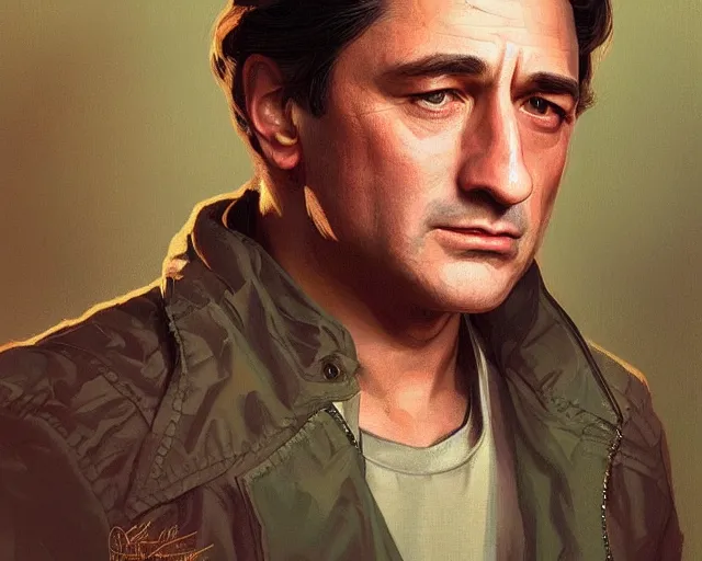 Image similar to portrait of a young robert de niro young in th 8 0's, intricate, highly detailed, digital painting, artstation, concept art, sharp focus, illustration, art by artgerm and greg rutkowski and alphonse mucha