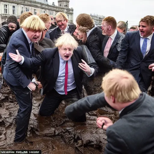 Prompt: several clones of boris johnson raving in a muddy mosh pit