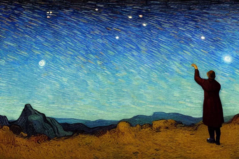 Prompt: a person looking at the night sky with clouds and stars, colorful, beautiful, national geographic, ultradetailed, 4k, astrophotography, cinematic lighting, oil painting, canvas, Theodor Kittelsen, Vincent van Gogh