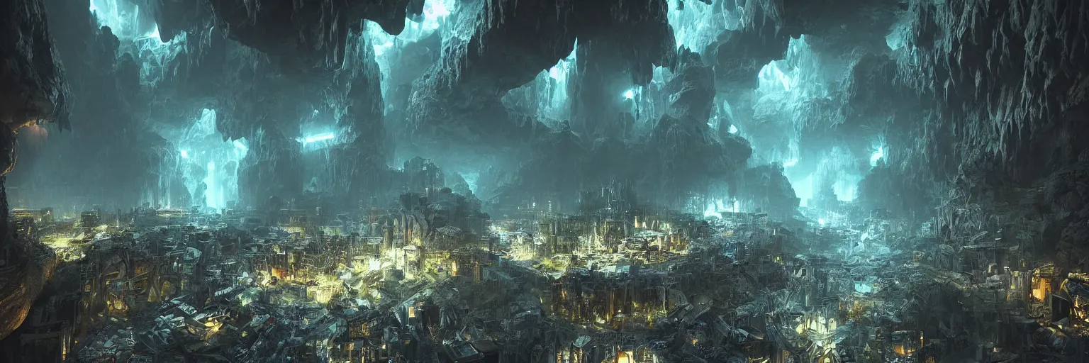 Prompt: “underground dark fantasy megapolis in a giant cave, bioluminescent mushrooms, magic crystals, Artstation HQ, photorealistic, hiperrealistic, 4k UHD, Unreal Engine 5, cinematic shot, cinematic lightning, dark tones, high contrast, intricate, masterpiece, wide angle”