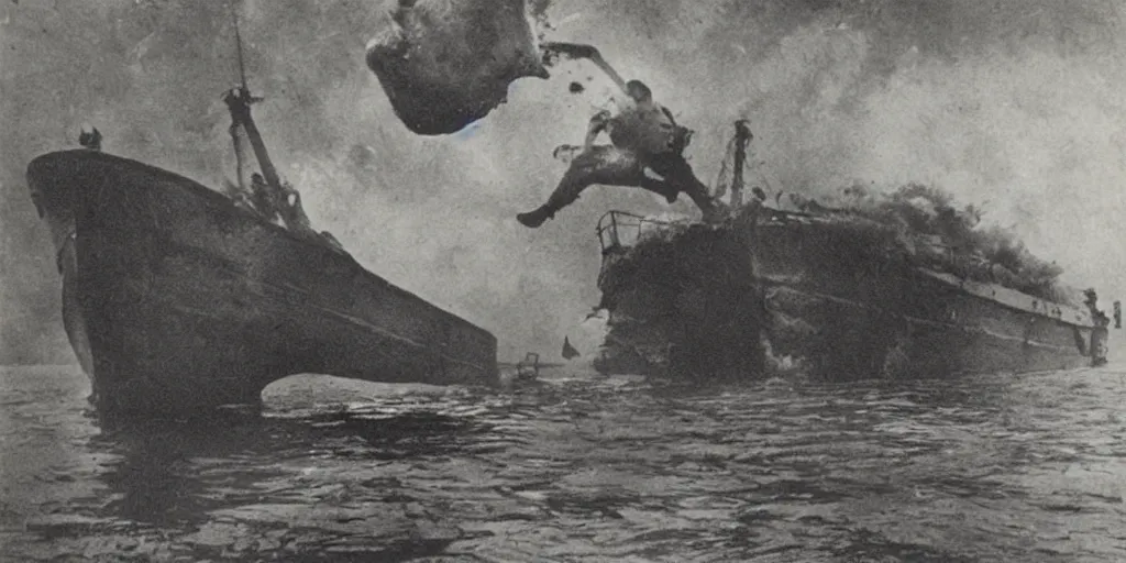 Image similar to a boat being grabbed by a giant underwater hand, 1 9 0 0 s photograph