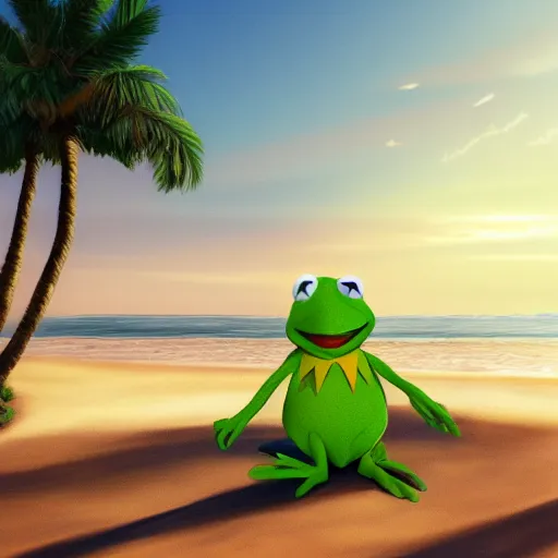 Prompt: Kermit the Frog is walking happily on the beach, the sun is setting behind him, palm trees swaying in the wind gracefully, Kermit is happy, hyperdetailed, artstation, cgsociety, 8k