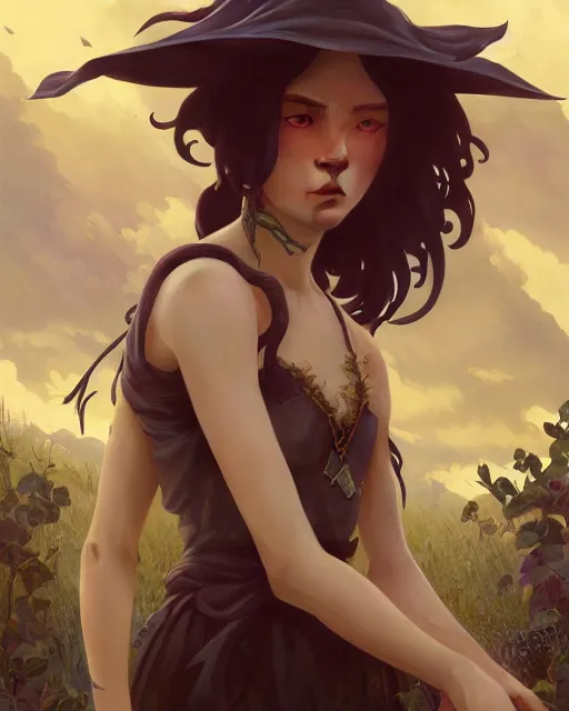 Prompt: highly detailed vfx - portrait of a witch, beautiful eyes, complex epic composition, unreal engine, greg rutkowski, only, once, people, makoto shinkai and louis van baerle, ilya kuvshinov, rossdraws, tom bagshaw, alphonse mucha, global lighting, detailed and complex environment, masterpiece