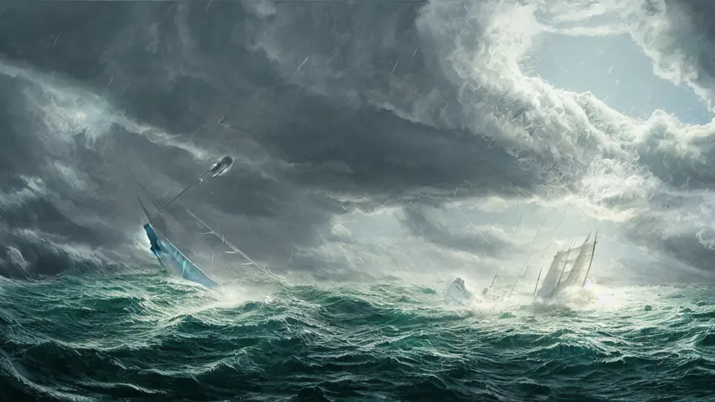 Image similar to a gigantic cat bursting out of a stormy sea attacking a small sail boat, wet fur, giant waves, sunbeams in background, intricate, detailed, volumetric lighting, sharp focus, scenery, photorealism, digital painting, highly detailed, concept art, by simon stalenhag and mark brooks