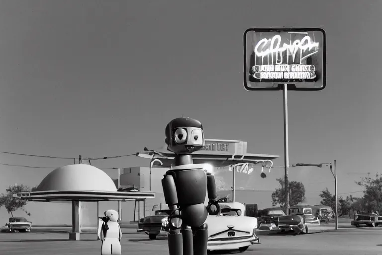 Prompt: robot clown relaxing at a california drive in, in 1 9 5 2, cutecore clowncore, bathed in the the glow, alien castle in background, low - light photograph, in style of tyler mitchell, cut and paste collage