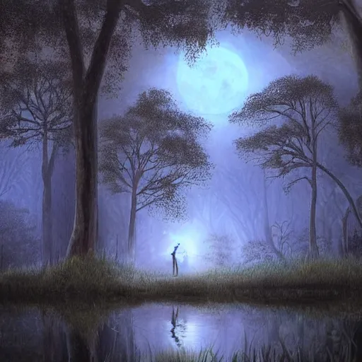 Prompt: an ultra detailed painting of a fantasy forest at night, at the side of a pond is gigantic ancient tree, sitting in the ancient tree is a girl in a white dress, the moon can be glimpsed through the trees and is veiled by fog, fog obscures the background, towering forest, midnight, dark fantasy