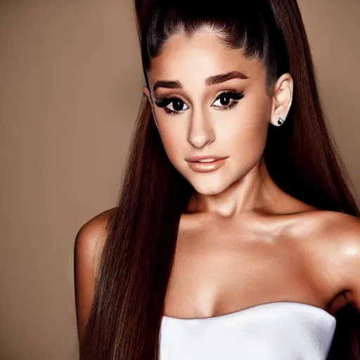 Image similar to HD realistic photograph of Ariana Grande. Zoomed in face portrait. Beautiful 130mm photography, award-winning. Everyone is such a big fan of this pop princess. HD Face. ID Badge photo. LinkedIn photo. Professional photo. Slender face, cat-eye makeup. countoured makeup. Ponytail.
