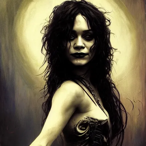 Image similar to beautiful portrait of vanessa hudgens as death from sandman, smiling, by cedric peyravernay, alphonse mucha, by jeremy mann, by lecouffe deharme, goth chic, soft lightning, eyeliner, punk rock, high detailed, 8 k