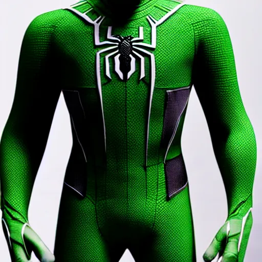 Image similar to green spider - man suit with black web lining, cinematic, volumetric lighting, realistic, hyperdetailed, photorealistic, photograph