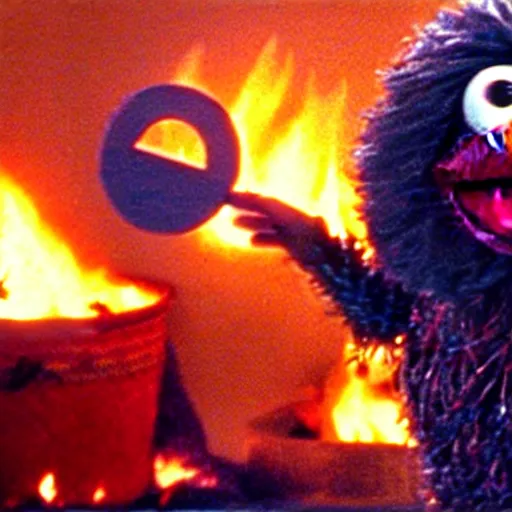 Image similar to “film still of Bert from Sesame Street throwing the one ring into the fires of Mount Doom”