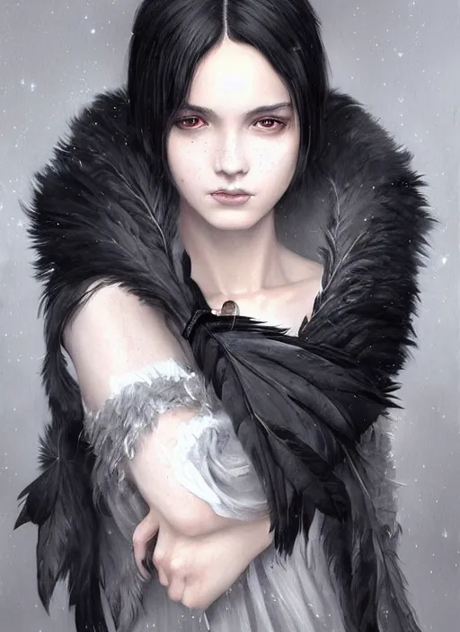 Image similar to a teenage girl with very short black hair and a huge cloak made of grey and black feathers. beautiful highly detailed face. beautiful painting by artgerm and greg rutkowski and raymond swanland