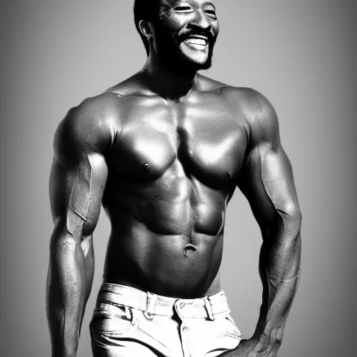 Image similar to marvin gaye with the physique of a body builder, hyper realistic, ultra detailed, cinematic, dynamic lighting, photorealistic, refined, intricate, digital art, digital painting, masterpiece, 8k,