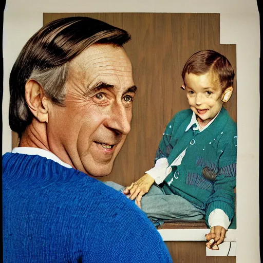 Prompt: norman rockwell painting of mr. rodgers wearing a blue cardigan