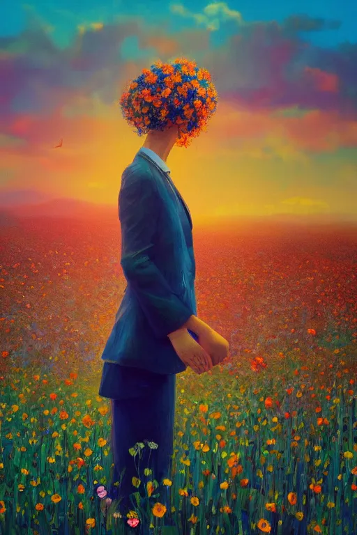 Image similar to closeup, giant flower head, girl in suit standing in a field of flowers, surreal photography, sunrise, blue sky, dramatic light, impressionist painting, digital painting, artstation, simon stalenhag