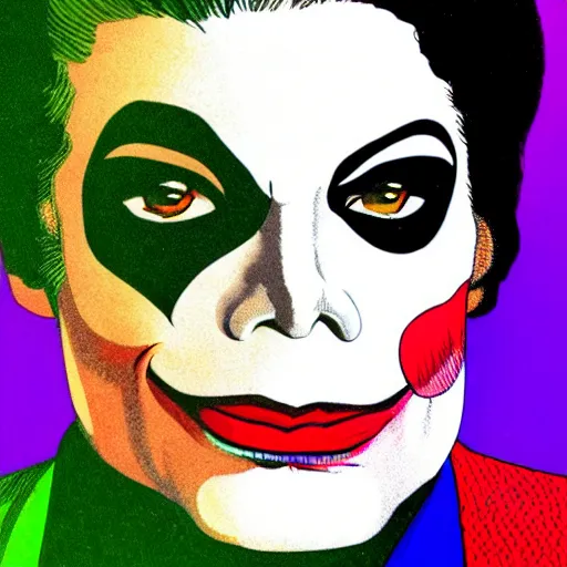 Image similar to dynamic macro head portrait of beautifu michael jackson as the joker in white sequined jacket by john romita sr and cory walker and ryan ottley and jack kirby and barry windsor - smith, comic, illustration, photo real