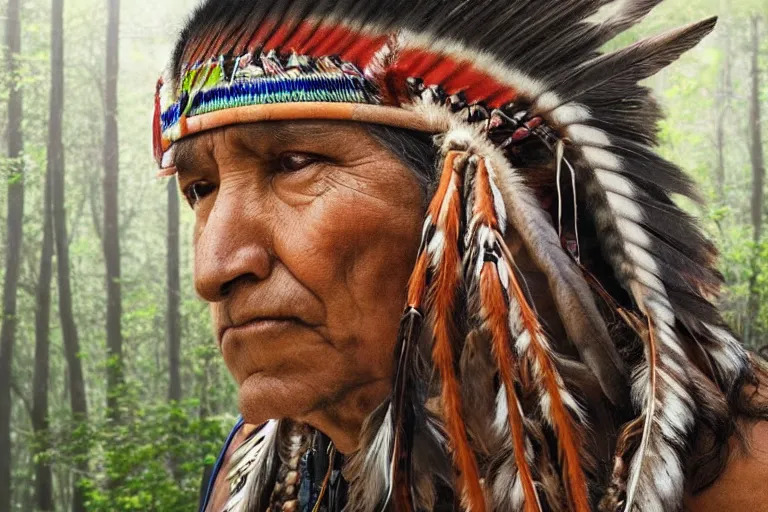 Image similar to hyper-realistic up close photograph of an elegant native american thinking, forest, detailed,