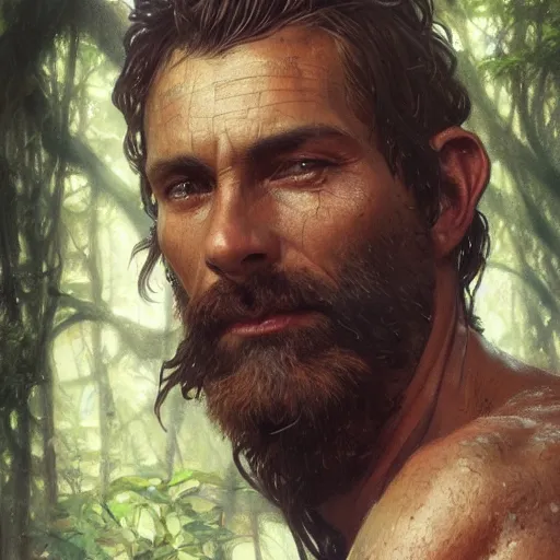 Image similar to portrait of the god of the forest, 40 years old, rugged, male, gorgeous, detailed face, amazing, hairy torso, muscular, intricate, highly detailed, digital painting, artstation, concept art, sharp focus, illustration, art by greg rutkowski and alphonse mucha