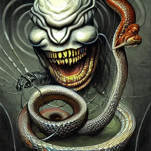 Image similar to a snake oil salesman that is also a grinning anthropomorphic snake, dave mckean, hr giger, peter mohrbacher, wayne barlowe