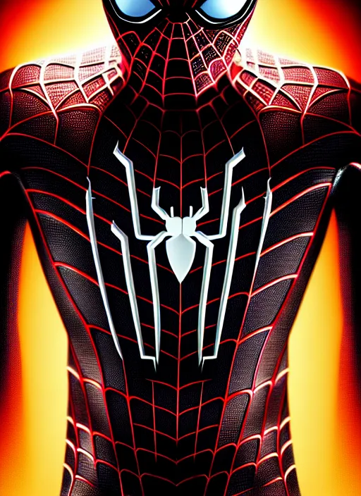 Prompt: cyber spider man as a brooding figure of the dark caught in the never - ending push and pull between good and evil, heaven vs. hell background, diffuse lighting, fantasy, intricate, highly detailed, lifelike, photorealistic, digital painting, artstation, illustration, concept art, smooth, sharp focus, art by john collier and albert aublet
