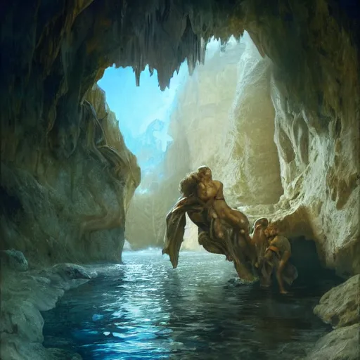 Image similar to allegory of the cave, platos cave, detailed, centered, digital painting, artstation, concept art, donato giancola, joseph christian leyendecker, wlop, boris vallejo, breathtaking, 8 k resolution, extremely detailed, beautiful, establishing shot, artistic, hyperrealistic, beautiful face, octane render, cinematic lighting, dramatic lighting, masterpiece