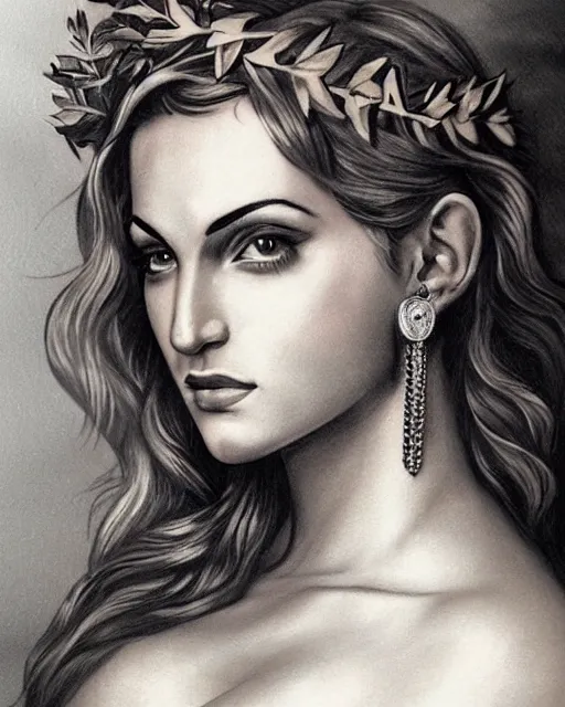 Prompt: realism tattoo sketch of mariyln monroe as a beautiful greek goddess aphrodite with piercing eyes wearing a laurel wreath and triangle earrings, in the style of greg rutkowski, amazing detail