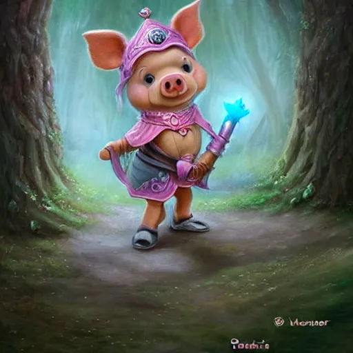 Image similar to cute little cartoonish anthropomorphic piglet warrior princess wearing a cape and a crown, fantasy forest, caricature, tiny, small, miniature pig, baby animal, short, pale blue armor, cute and adorable, pretty, beautiful, DnD character art portrait, matte fantasy painting, DeviantArt Artstation, by Jason Felix by Steve Argyle by Tyler Jacobson by Peter Mohrbacher, cinematic lighting