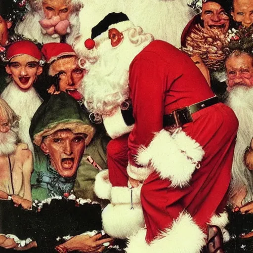 Image similar to vogue designer Santa Claus Sacrificing the Elves to a Volcano God Altar norman rockwell