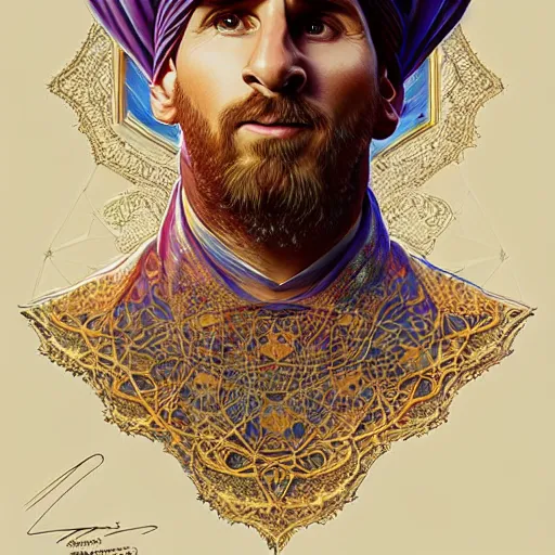 Prompt: lionel messi wearing emarati kandora, d & d, fantasy, intricate, elegant, highly detailed, digital painting, artstation, concept art, matte, sharp focus, illustration, art by artgerm and greg rutkowski and alphonse mucha