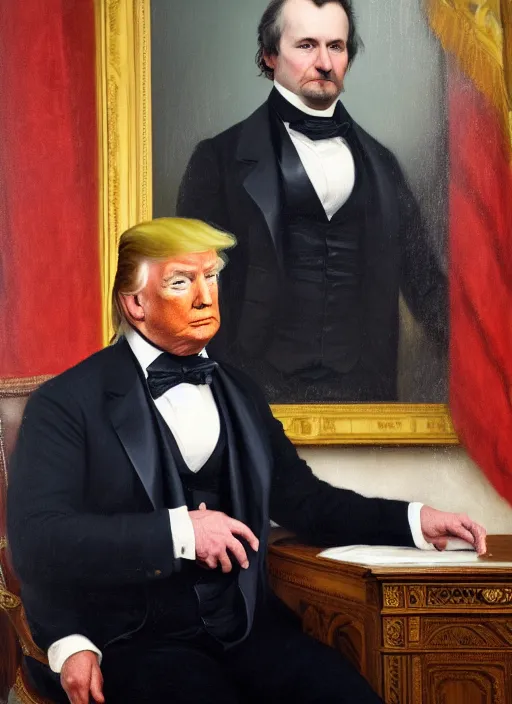 Image similar to portrait of the united states president, 1 8 6 7, donald trump. standing in the oval office. oil on canvas by william sidney mount, trending on artstation