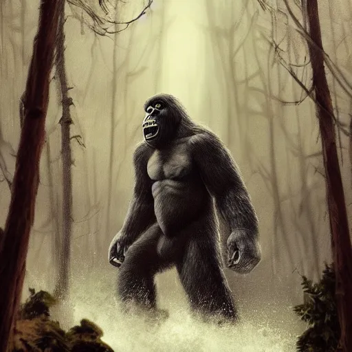 Image similar to King Kong in the forest in the storm, fantasy art, in the style of greg rutkowski, illustration, epic, fantasy, intricate, hyper detailed, artstation, concept art, smooth, sharp focus, ray tracing